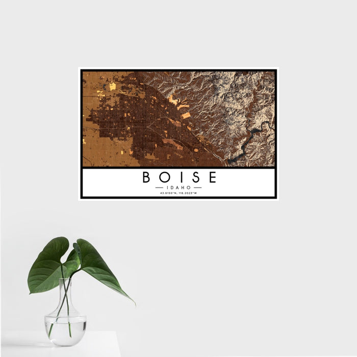 16x24 Boise Idaho Map Print Landscape Orientation in Ember Style With Tropical Plant Leaves in Water