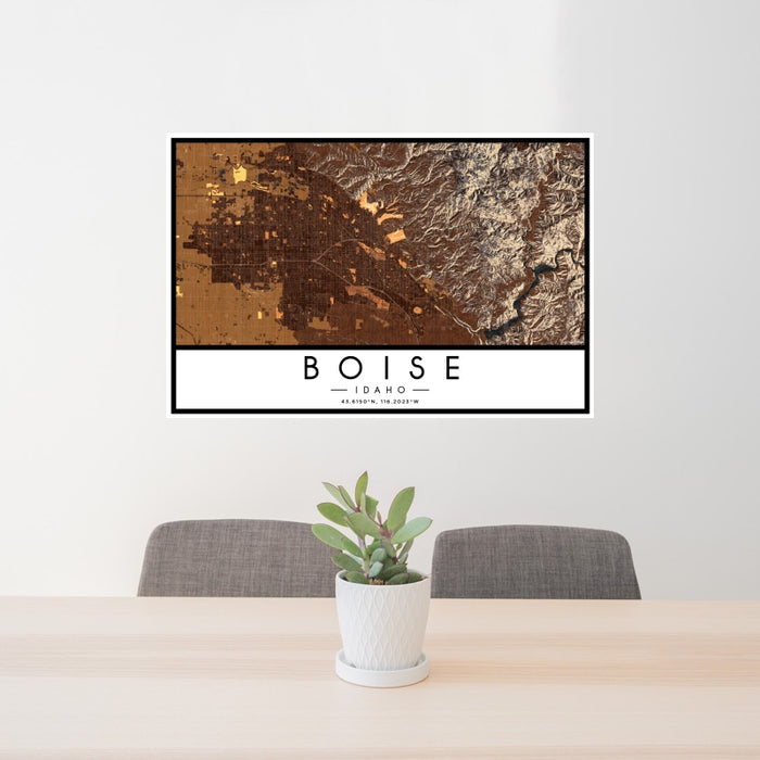 24x36 Boise Idaho Map Print Landscape Orientation in Ember Style Behind 2 Chairs Table and Potted Plant