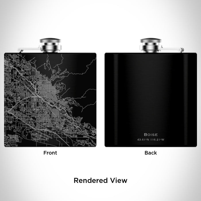 Rendered View of Boise Idaho Map Engraving on 6oz Stainless Steel Flask in Black
