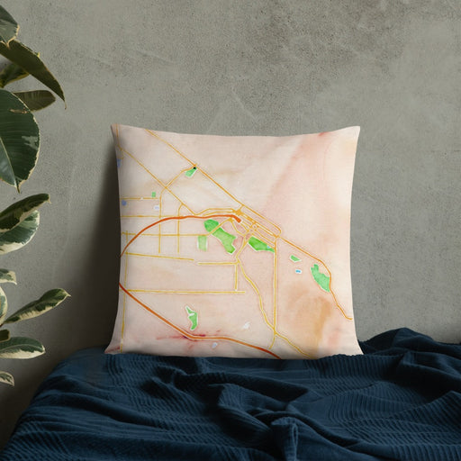 Custom Boise Idaho Map Throw Pillow in Watercolor on Bedding Against Wall