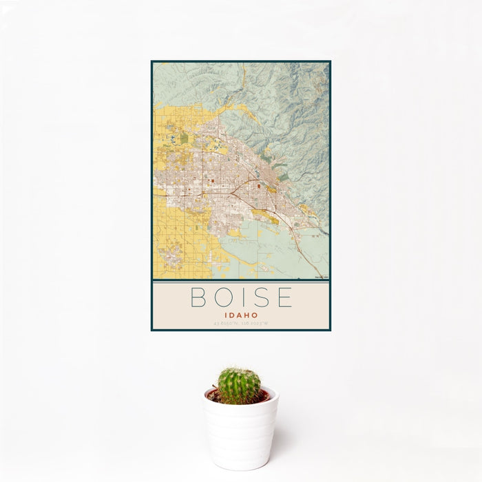 12x18 Boise Idaho Map Print Portrait Orientation in Woodblock Style With Small Cactus Plant in White Planter