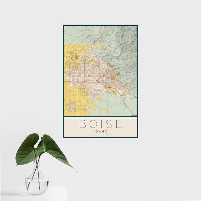16x24 Boise Idaho Map Print Portrait Orientation in Woodblock Style With Tropical Plant Leaves in Water