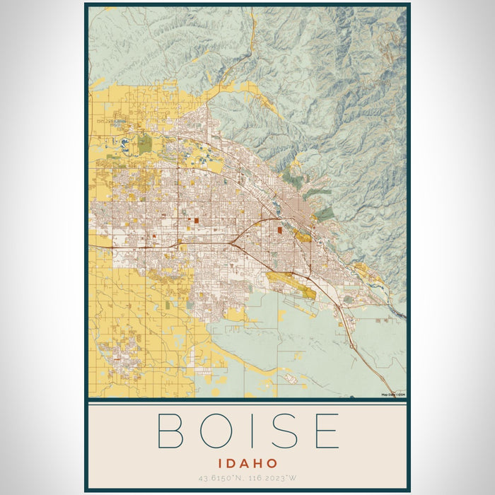Boise Idaho Map Print Portrait Orientation in Woodblock Style With Shaded Background