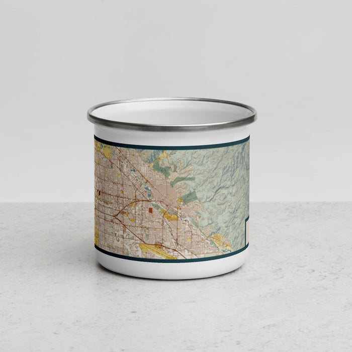 Front View Custom Boise Idaho Map Enamel Mug in Woodblock