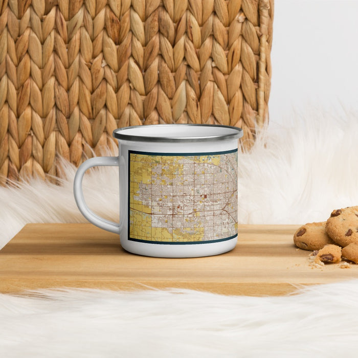 Left View Custom Boise Idaho Map Enamel Mug in Woodblock on Table Top