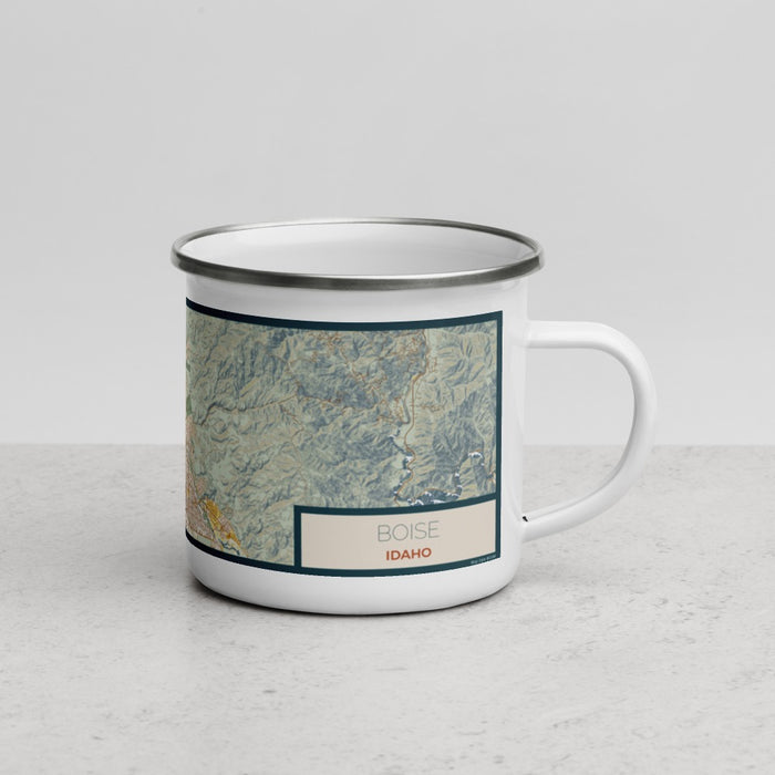 Right View Custom Boise Idaho Map Enamel Mug in Woodblock