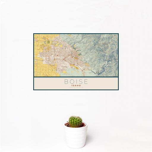 12x18 Boise Idaho Map Print Landscape Orientation in Woodblock Style With Small Cactus Plant in White Planter