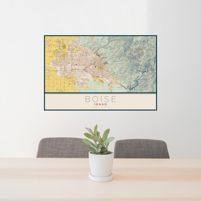 24x36 Boise Idaho Map Print Landscape Orientation in Woodblock Style Behind 2 Chairs Table and Potted Plant