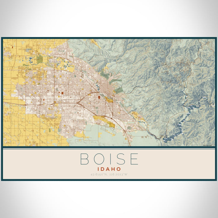 Boise Idaho Map Print Landscape Orientation in Woodblock Style With Shaded Background