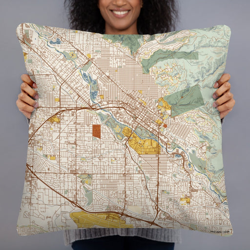 Person holding 22x22 Custom Boise Idaho Map Throw Pillow in Woodblock