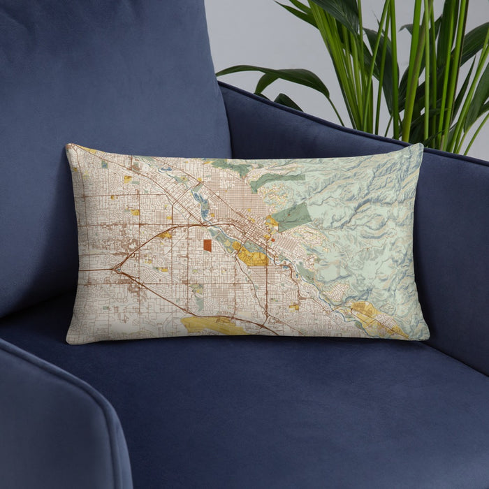 Custom Boise Idaho Map Throw Pillow in Woodblock on Blue Colored Chair
