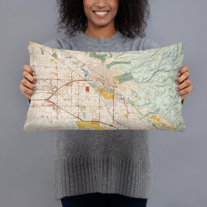 Person holding 20x12 Custom Boise Idaho Map Throw Pillow in Woodblock