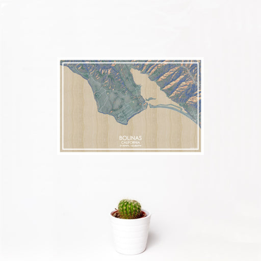 12x18 Bolinas California Map Print Landscape Orientation in Afternoon Style With Small Cactus Plant in White Planter