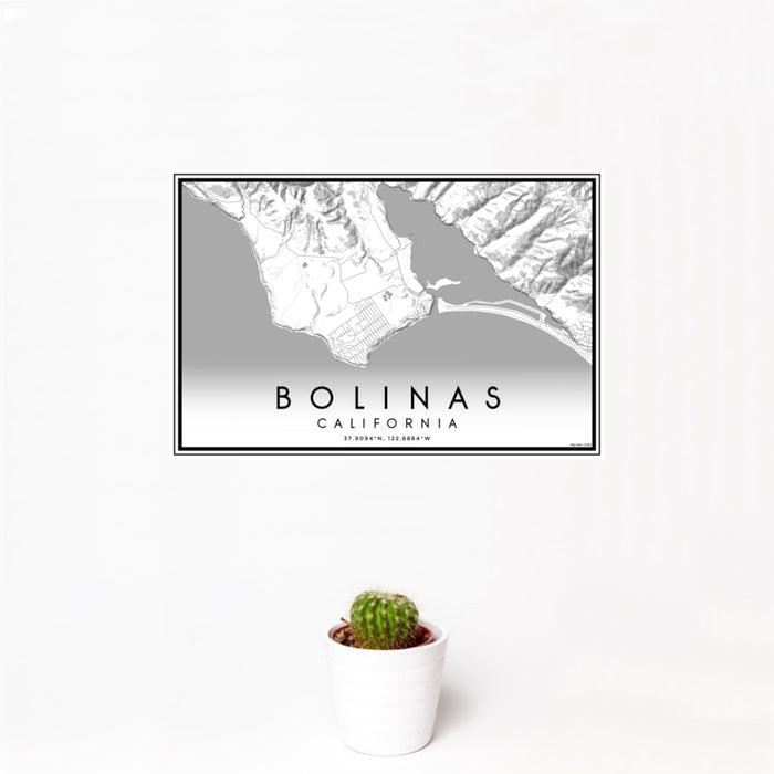 12x18 Bolinas California Map Print Landscape Orientation in Classic Style With Small Cactus Plant in White Planter