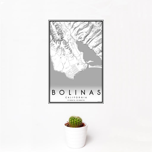 12x18 Bolinas California Map Print Portrait Orientation in Classic Style With Small Cactus Plant in White Planter