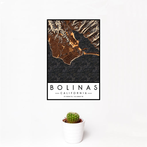 12x18 Bolinas California Map Print Portrait Orientation in Ember Style With Small Cactus Plant in White Planter