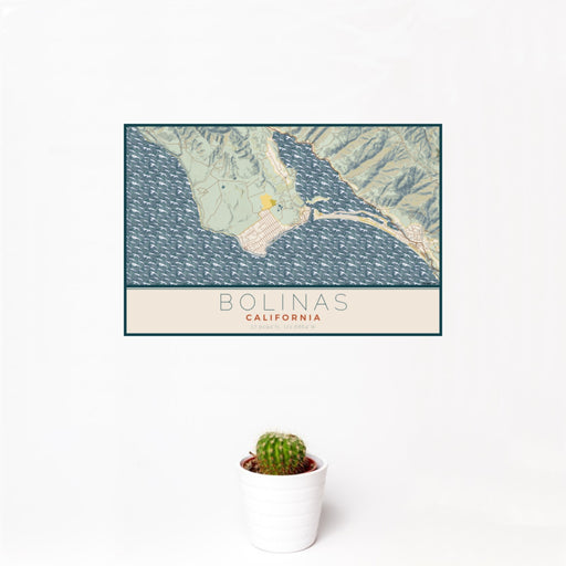 12x18 Bolinas California Map Print Landscape Orientation in Woodblock Style With Small Cactus Plant in White Planter