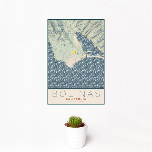 12x18 Bolinas California Map Print Portrait Orientation in Woodblock Style With Small Cactus Plant in White Planter