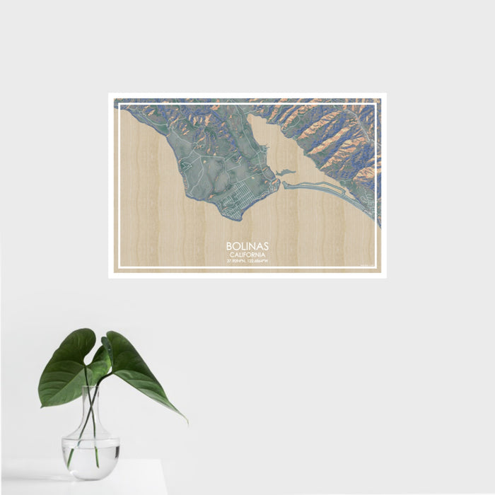 16x24 Bolinas California Map Print Landscape Orientation in Afternoon Style With Tropical Plant Leaves in Water