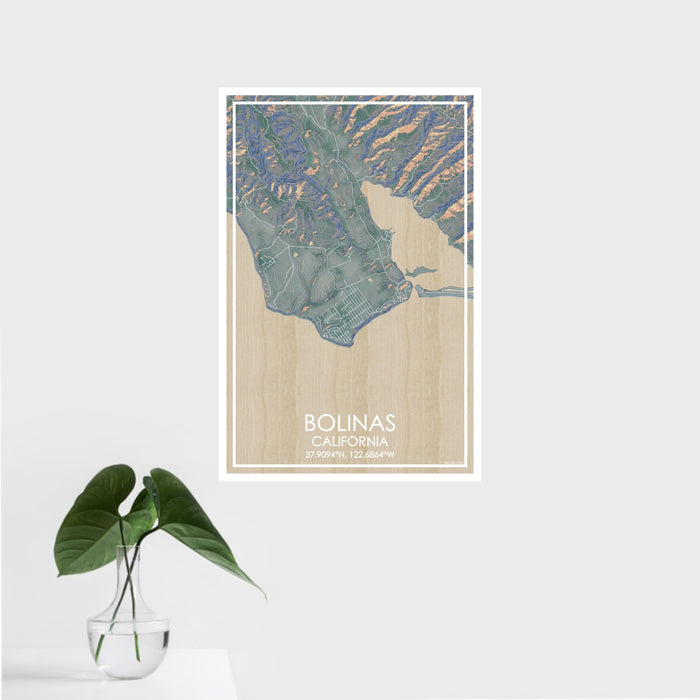 16x24 Bolinas California Map Print Portrait Orientation in Afternoon Style With Tropical Plant Leaves in Water