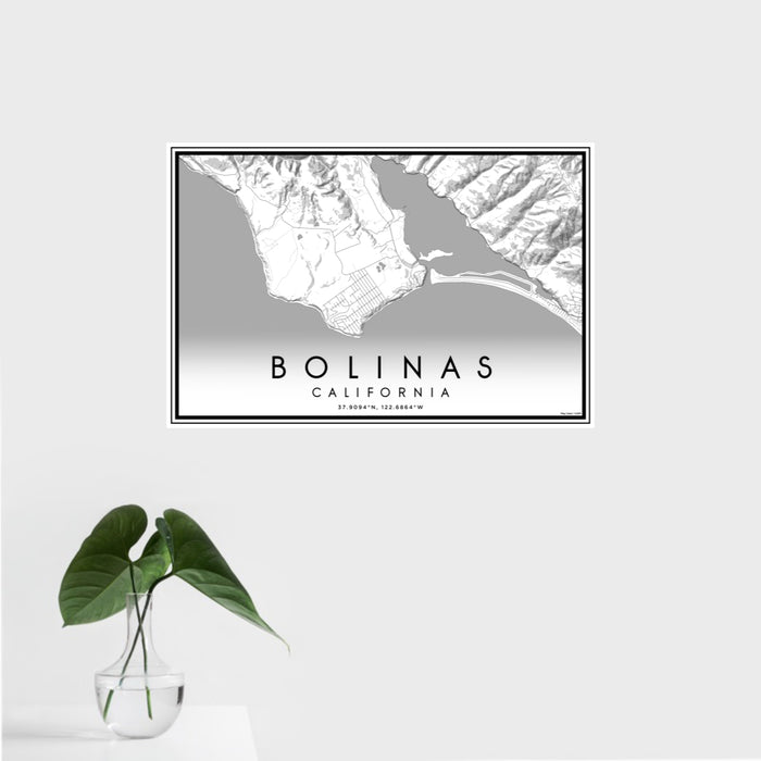 16x24 Bolinas California Map Print Landscape Orientation in Classic Style With Tropical Plant Leaves in Water