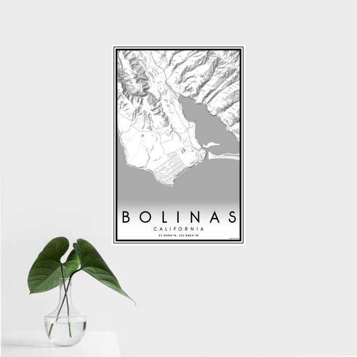 16x24 Bolinas California Map Print Portrait Orientation in Classic Style With Tropical Plant Leaves in Water