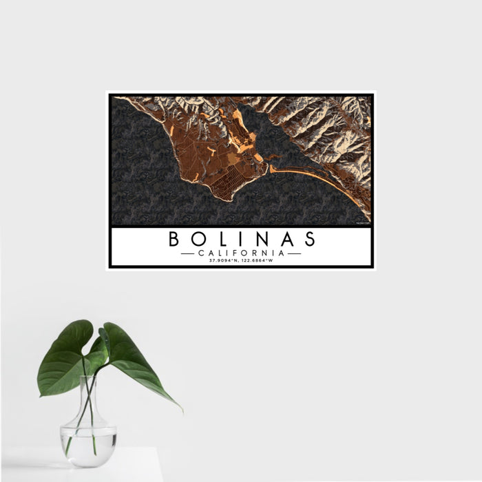 16x24 Bolinas California Map Print Landscape Orientation in Ember Style With Tropical Plant Leaves in Water