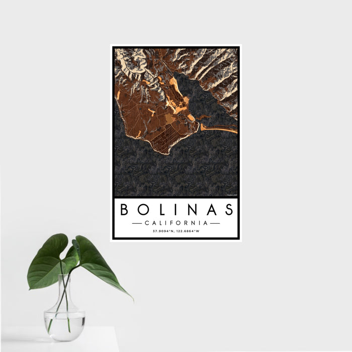 16x24 Bolinas California Map Print Portrait Orientation in Ember Style With Tropical Plant Leaves in Water