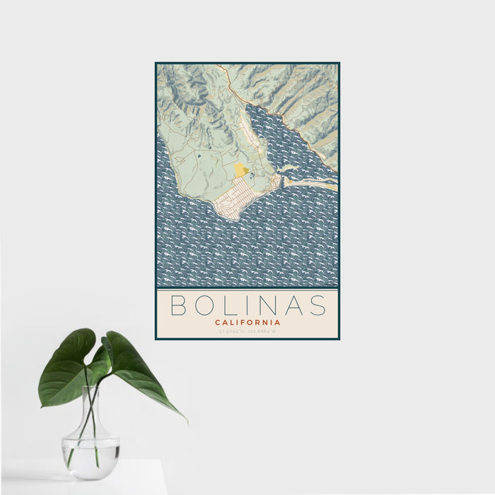 16x24 Bolinas California Map Print Portrait Orientation in Woodblock Style With Tropical Plant Leaves in Water