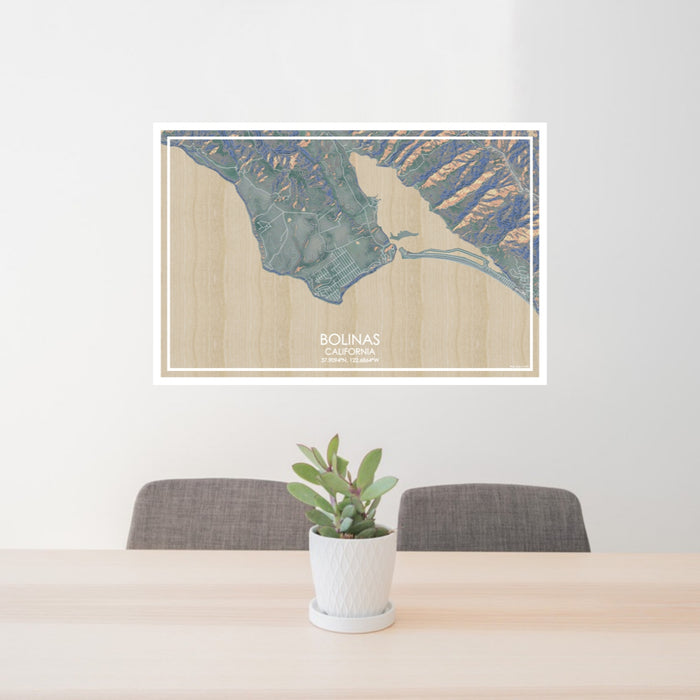 24x36 Bolinas California Map Print Lanscape Orientation in Afternoon Style Behind 2 Chairs Table and Potted Plant