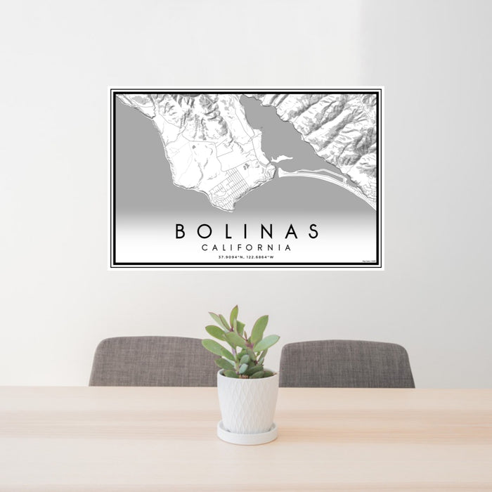 24x36 Bolinas California Map Print Lanscape Orientation in Classic Style Behind 2 Chairs Table and Potted Plant