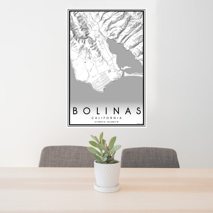 24x36 Bolinas California Map Print Portrait Orientation in Classic Style Behind 2 Chairs Table and Potted Plant