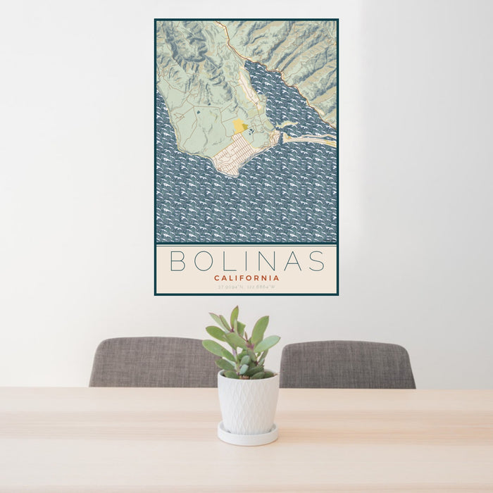 24x36 Bolinas California Map Print Portrait Orientation in Woodblock Style Behind 2 Chairs Table and Potted Plant