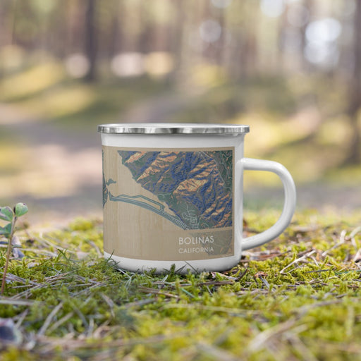 Right View Custom Bolinas California Map Enamel Mug in Afternoon on Grass With Trees in Background