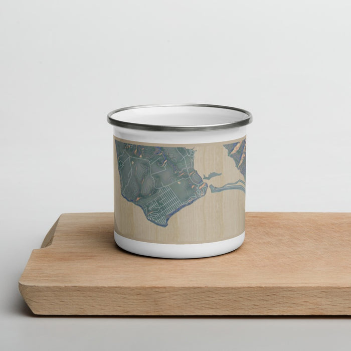 Front View Custom Bolinas California Map Enamel Mug in Afternoon on Cutting Board