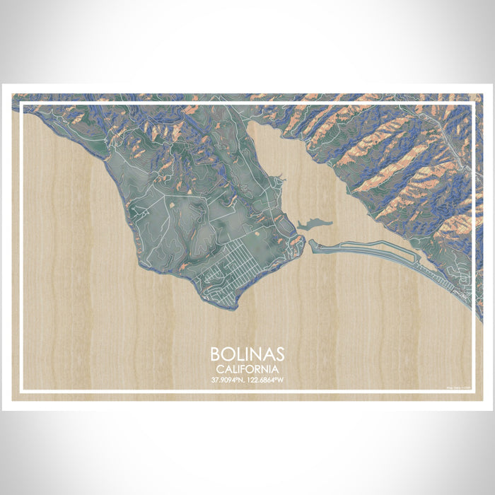 Bolinas California Map Print Landscape Orientation in Afternoon Style With Shaded Background