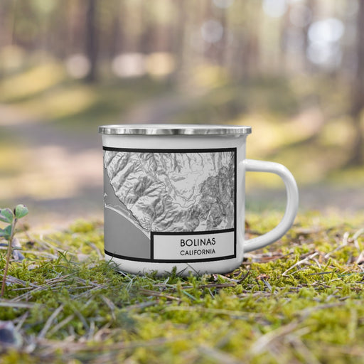 Right View Custom Bolinas California Map Enamel Mug in Classic on Grass With Trees in Background