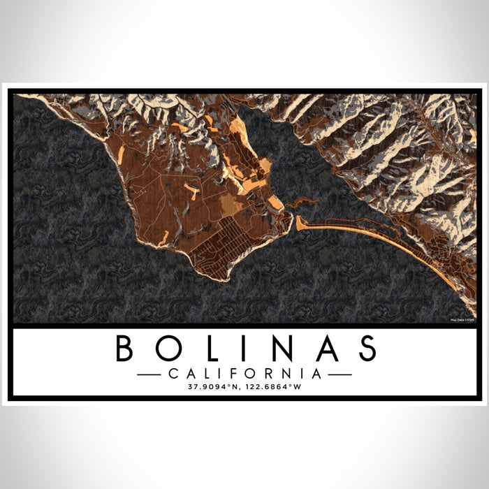 Bolinas California Map Print Landscape Orientation in Ember Style With Shaded Background