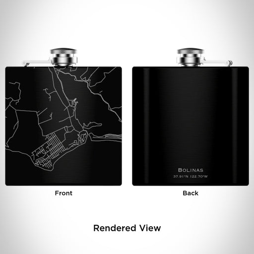 Rendered View of Bolinas California Map Engraving on 6oz Stainless Steel Flask in Black