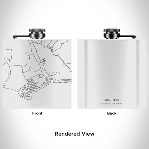 Rendered View of Bolinas California Map Engraving on 6oz Stainless Steel Flask in White
