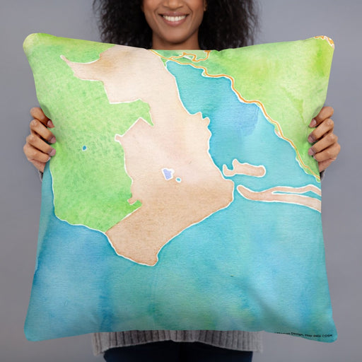Person holding 22x22 Custom Bolinas California Map Throw Pillow in Watercolor