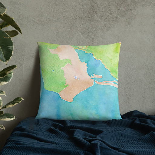 Custom Bolinas California Map Throw Pillow in Watercolor on Bedding Against Wall