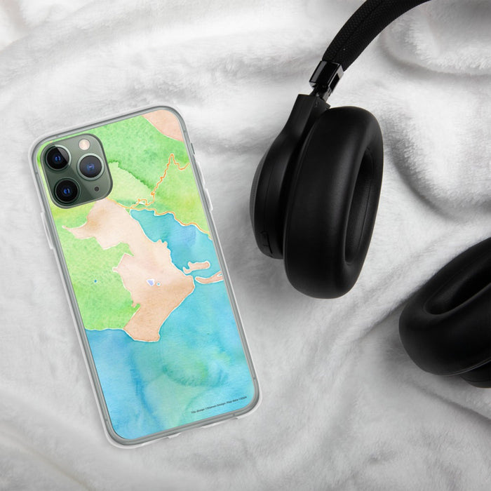 Custom Bolinas California Map Phone Case in Watercolor on Table with Black Headphones
