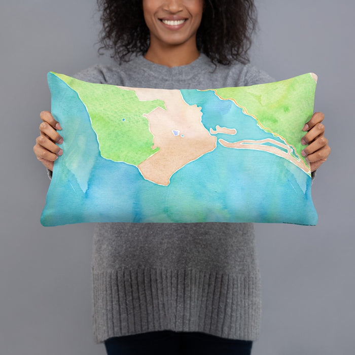 Person holding 20x12 Custom Bolinas California Map Throw Pillow in Watercolor