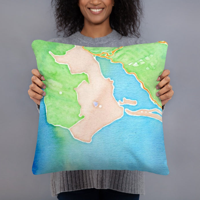 Person holding 18x18 Custom Bolinas California Map Throw Pillow in Watercolor