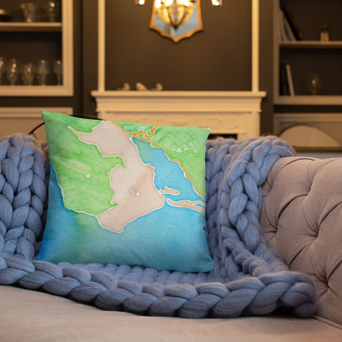 Custom Bolinas California Map Throw Pillow in Watercolor on Cream Colored Couch