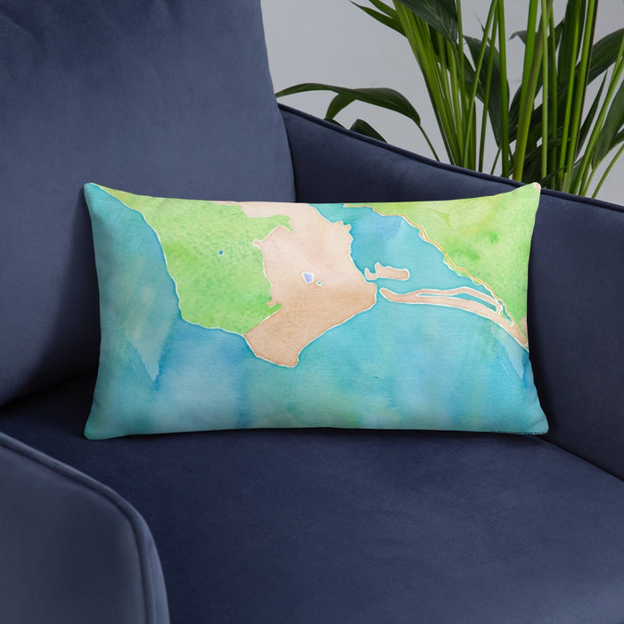 Custom Bolinas California Map Throw Pillow in Watercolor on Blue Colored Chair