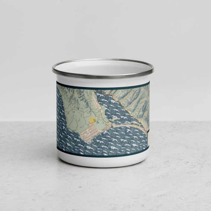 Front View Custom Bolinas California Map Enamel Mug in Woodblock