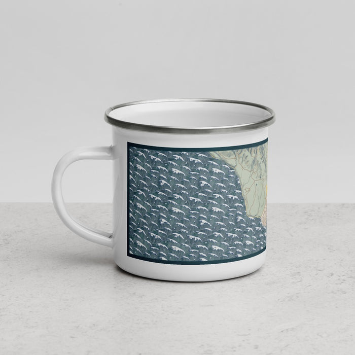 Left View Custom Bolinas California Map Enamel Mug in Woodblock