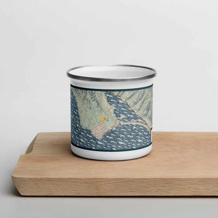 Front View Custom Bolinas California Map Enamel Mug in Woodblock on Cutting Board